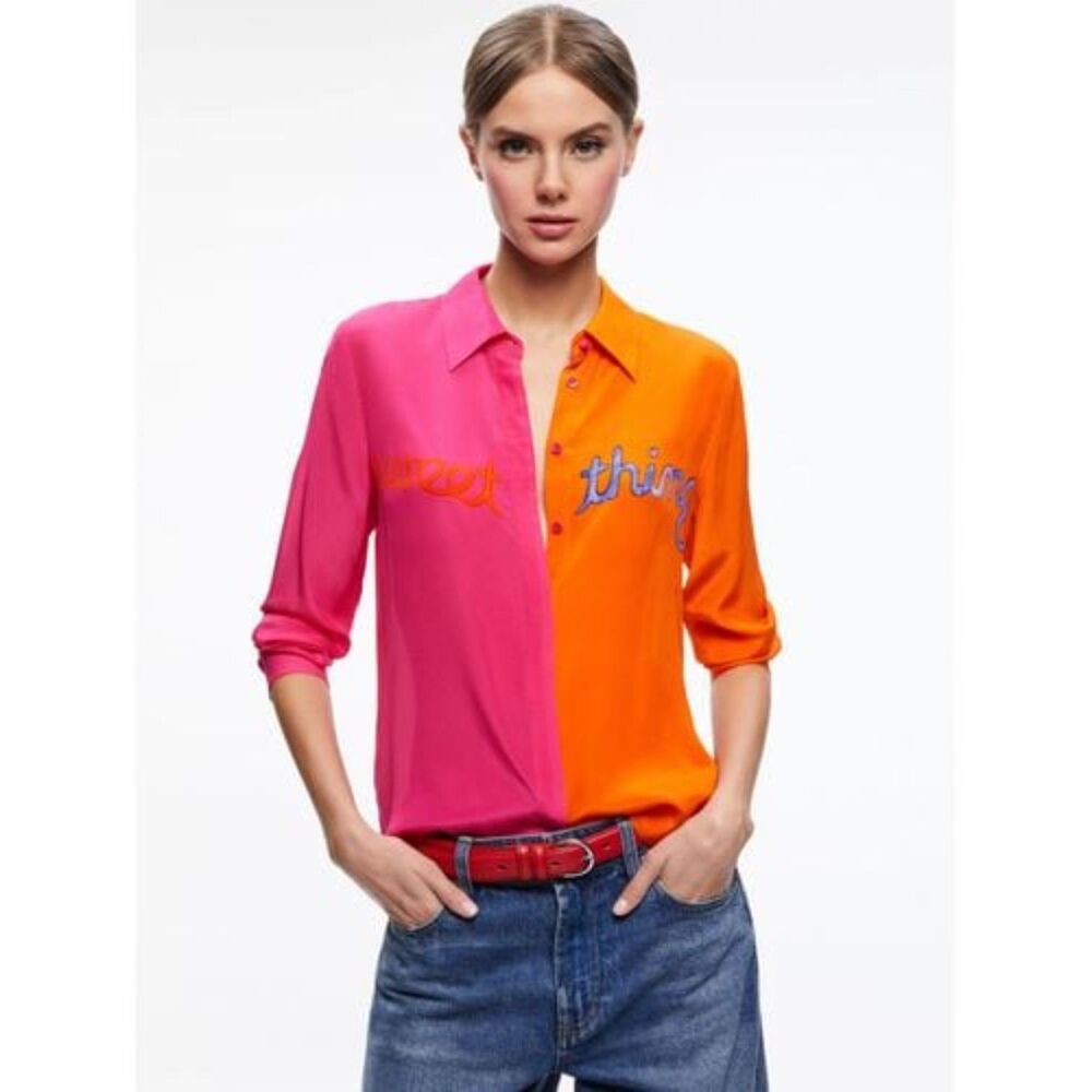 ALICE + OLIVIA X DEBORAH KASS Sweet Thing Colorblock Silk Button Down NWT XS